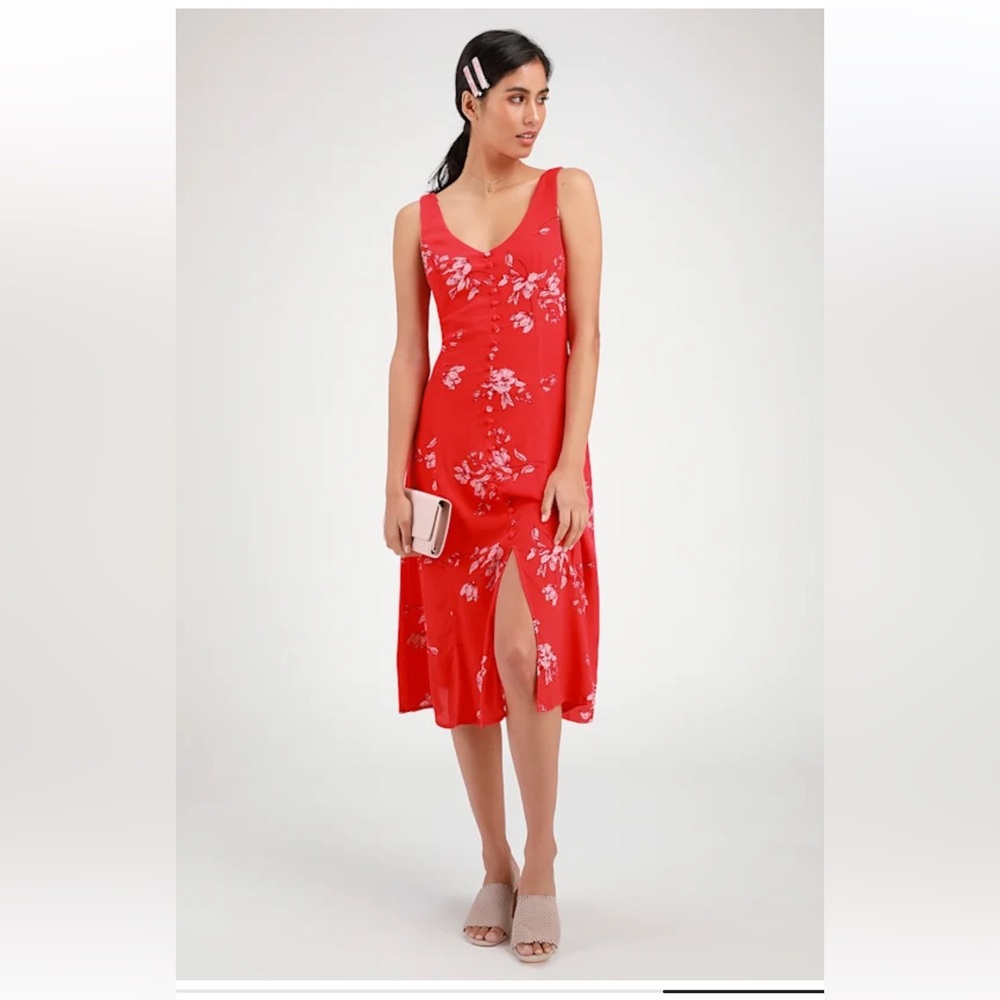 Lulus Hannah Red Floral Tie Back Dress